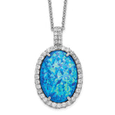 Cheryl M Sterling Silver Rhodium-plated Cabochon Lab Created Blue Opal and Brilliant-cut CZ Oval 18.5 Inch Necklace